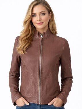 Massimo Dutti Sheepskin Leather Jacket Brown Moto Zip Womens Small, READ!